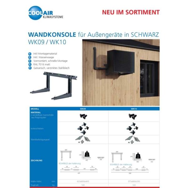 Wandkonsole in schwarz Länge 550 mm | bis 140 kg für Klimaanlagen und Wärmepumpen Außengeräte WK10